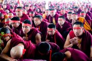 Тибетские монахи слушают учения Его Святейшества Далай-ламы в Сарнатхе, Индия, 15 января 2011. Фото: Тензин Чойджор (Офис ЕСДЛ)