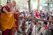 Его Святейшество Далай-лама приветствует своих последователей перед началом учений в главном буддийском храме. Дхарамсала, Индия. 23 октября 2011. Фото: Тензин Чойджор (Офис ЕСДЛ)