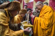 Его Святейшество Далай-ламу встречают в Центральной тибетской школе. Шимла, штат Химачал Прадеш, Индия. 18 марта 2014 г. Фото: Тензин Чойджор (офис ЕСДЛ)