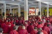 Некоторые из многих тысяч монахов, собравшихся на учения Его Святейшества Далай-ламы в монастыре Ганден Джангце, смотрят прямую трансляцию на большом экране в одном из залов храма. Мундгод, Индия. 24 декабря 2014 г. Фото: Тензин Чойджор (офис ЕСДЛ)