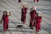 Монахи несут коробки с водой для более 25 тысяч участников учений Его Святейшества Далай-ламы в монастыре Ганден Джангце. Мундгод. Индия. 28 декабря 2014 г. Фото: Тензин Чойджор (офис ЕСДЛ)