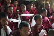 Молодые монахи с хадаками в руках слушают Его Святейшество Далай-ламу в монастыре Цечен До Нгаг Чойлинг Сакья. Мундгод, Индия. 29 декабря 2014 г. Фото: Тензин Чойджор (офис ЕСДЛ)