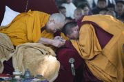 Дилго Кхьенце Ринпоче приветствует Его Святейшество Далай-ламу перед началом молебна у ступы в Санкисе. Штат Уттар-Прадеш, Индия. 30 января 2015 г. Фото: Тензин Чойджор (офис ЕСДЛ)