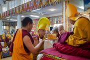 Настоятель монастыря Намгьял совершает традиционное подношение Его Святейшеству Далай-ламе во время молебна о его долголетии. Дхарамсала, Индия. 24 февраля 2015 г. Фото: Тензин Чойджор (офис ЕСДЛ)