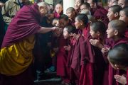 Его Святейшество Далай-лама шутливо приветствует маленьких монахов по дороге в главный тибетский храм, где он будет даровать учения по Джатакам. Дхарамсала, Индия. 5 марта 2015 г. Фото: Тензин Чойджор (офис ЕСДЛ)