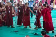 Монахи, изучающие естественные науки, проводят показательные диспуты для Его Святейшества Далай-ламы в монастыре Сера по завершении первого дня работы 30-й конференции института "Ум и жизнь". Билакуппе, штат Карнатака, Индия. 14 декабря 2015 г. Фото: Тензин Чойджор (офис ЕСДЛ)