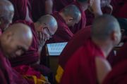Один из участников учений Его Святейшества Далай-ламы в монастыре Ташилунпо по 18 коренным текстам и комментариями традиции Ламрим. Билакуппе, штат Карнатака, Индия. 20 декабря 2015 г. Фото: Тензин Чойджор (офис ЕСДЛ)