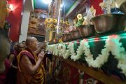 Его Святейшество Далай-лама у алтаря в храме монастыря Дрепунг Лачи. Мундгод, штат Карнатака, Индия. 16 декабря 2016 г. Фото: Тензин Чойджор (офис ЕСДЛ)