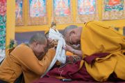 Монах из Вьетнама преподносит статуэтку в дар Его Святейшеству Далай-ламе в начале заключительного дня учений, предваряющих посвящение Калачакры. Бодхгая, штат Бихар, Индия. 8 января 2017 г. Фото: Тензин Чойджор (офис ЕСДЛ)
