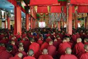 Монахи и монахини, собравшиеся в монастыре Ганден Шарце, смотрят трансляцию учений Его Святейшества Далай-ламы, организованных в монастыре Ганден Лачи. Мундгод, штат Карнатака, Индия. 17 декабря 2017 г. Фото: Лобсанг Церинг.