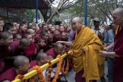 Его Святейшество Далай-лама приветствует монахов по прибытии на площадку для философских диспутов монастыря Сера Чже. Билакуппе, штат Карнатака, Индия. 20 декабря 2017 г. Фото: Лобсанг Церинг.