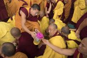 Монахи раздают освященную воду во время предварительных ритуалов, необходимых для посвящений, которые будет даровать Его Святейшество Далай-лама. Бодхгая, штат Бихар, Индия. 18 января 2018 г. Фото: Мануэль Бауэр.