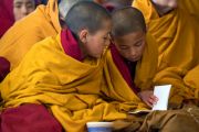 Юные монахи следят за текстом во время учений Его Святейшества Далай-ламы, организованных по случаю Дня чудес. Дхарамсала, Индия. 2 марта 2018 г. Фото: Тензин Чойджор.