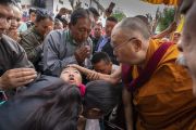 По прибытии в храм Джокханг Его Святейшество Далай-лама утешает молодую женщину. Ле, Ладак, штат Джамму и Кашмир, Индия. 4 июля 2018 г. Фото: Тензин Чойджор.